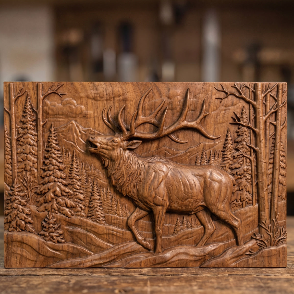 Detailed 3D bas-relief of a bugling bull elk with large antlers stepping through a snowy winter forest, with spruce trees, bare birches, snowdrifts and distant mountains, set on a flat rectangular slab. Shown in carved walnut wood and grey resin. Designed for CNC relief carving, woodworking and 3D printing as rustic cabin wildlife wall decor.