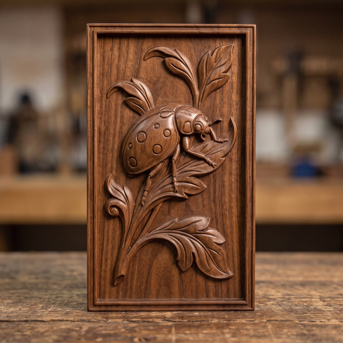 Detailed 3D bas-relief of a ladybug beetle perched on curling acanthus leaves, with raised dot patterns on its shell, delicate antennae, and jointed legs gripping a leaf tip. Carved in rich walnut wood grain with a polished satin finish, framed within a rectangular molded border. Designed for CNC relief carving, wood routing, resin casting, and 3D printing as wall decor.
