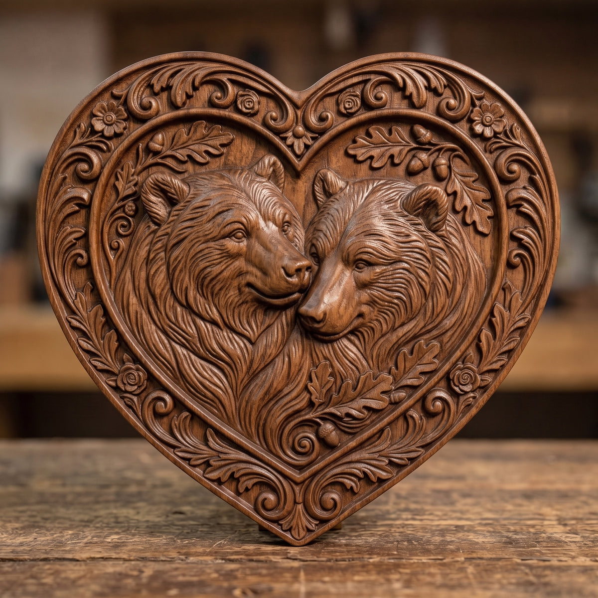 Detailed 3D bas-relief of two bears nuzzling cheek to cheek with thick flowing fur, framed in a heart-shaped panel with an ornate floral scroll border, oak leaves and acorns. Shown in carved walnut wood and grey resin. Designed for CNC relief carving, woodworking and 3D printing as romantic wall decor.