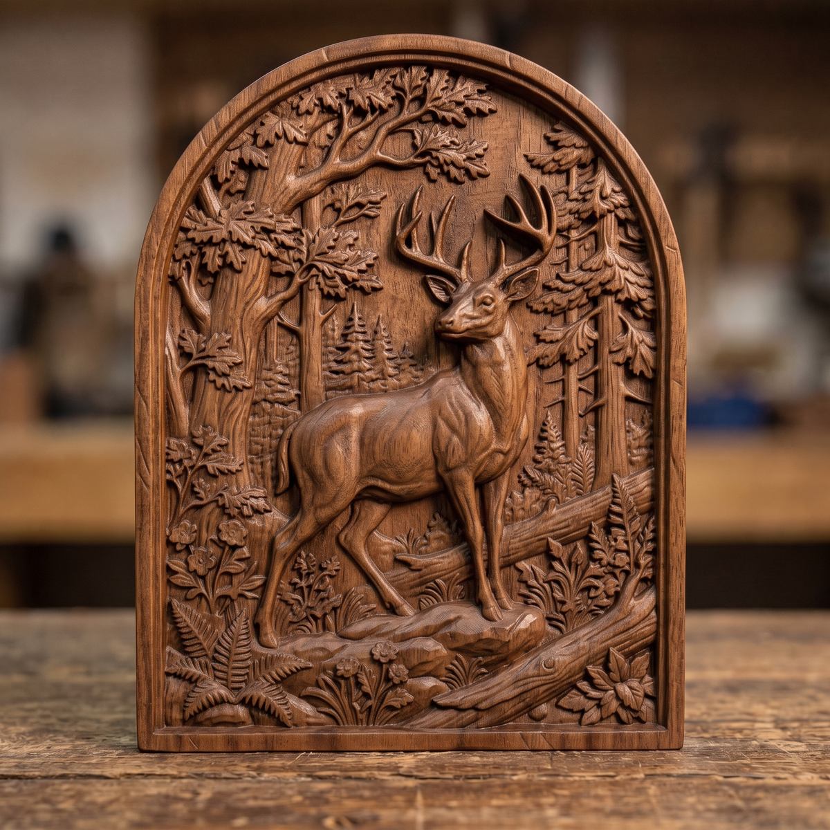 3D bas-relief of a standing buck with a full set of antlers, set in an arched-top frame. Oak trees, tall pines, ferns, wildflowers and a fallen log surround the deer in raised forest detail. Smooth sculpted anatomy and fine leaf texture. Designed for CNC relief carving, woodworking and 3D printing as arched wall decor.