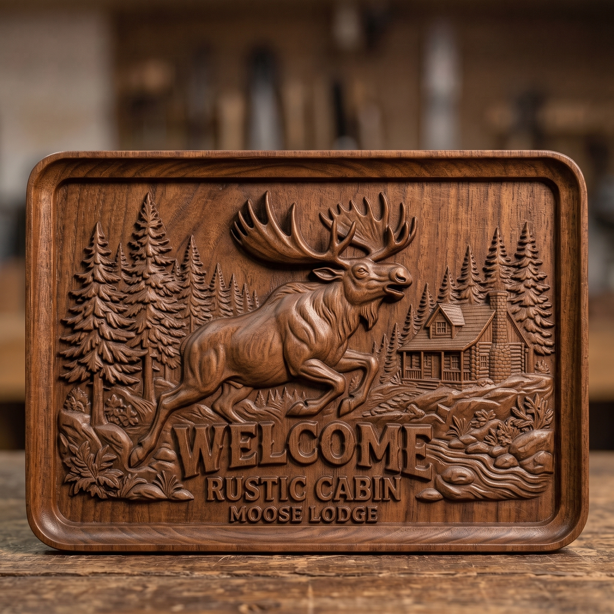 Leaping bull moose with large antlers in front of tall pine trees, a log cabin with stone chimney and a rocky stream, with carved WELCOME RUSTIC CABIN MOOSE LODGE lettering, shown as a landscape rectangular frame relief plaque with a raised rim, digital STL model for CNC router carving and 3D printing.