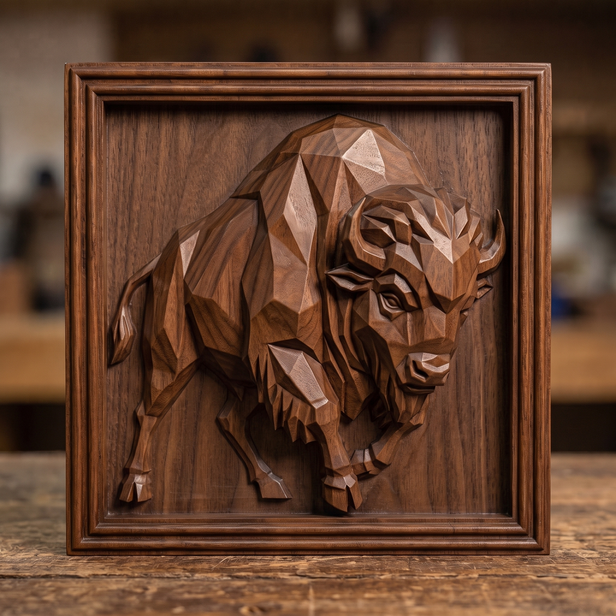 Full-body low poly geometric bison walking forward with lowered head and curved horns, faceted angular planes carved in relief inside a square stepped molded frame, digital STL model for CNC router carving and 3D printing.