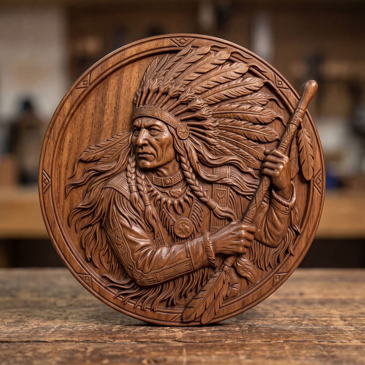 A profile portrait of a Native American chief in a tall feathered headdress with long braided hair, wearing a fringed tunic, bear-claw pendant necklace, and holding a feathered coup staff. Carved in deep 3D bas-relief with rich woodgrain texture, set within a round medallion bordered by a geometric diamond pattern. Ideal for CNC relief carving, wood routing, and 3D printing as rustic wall decor.