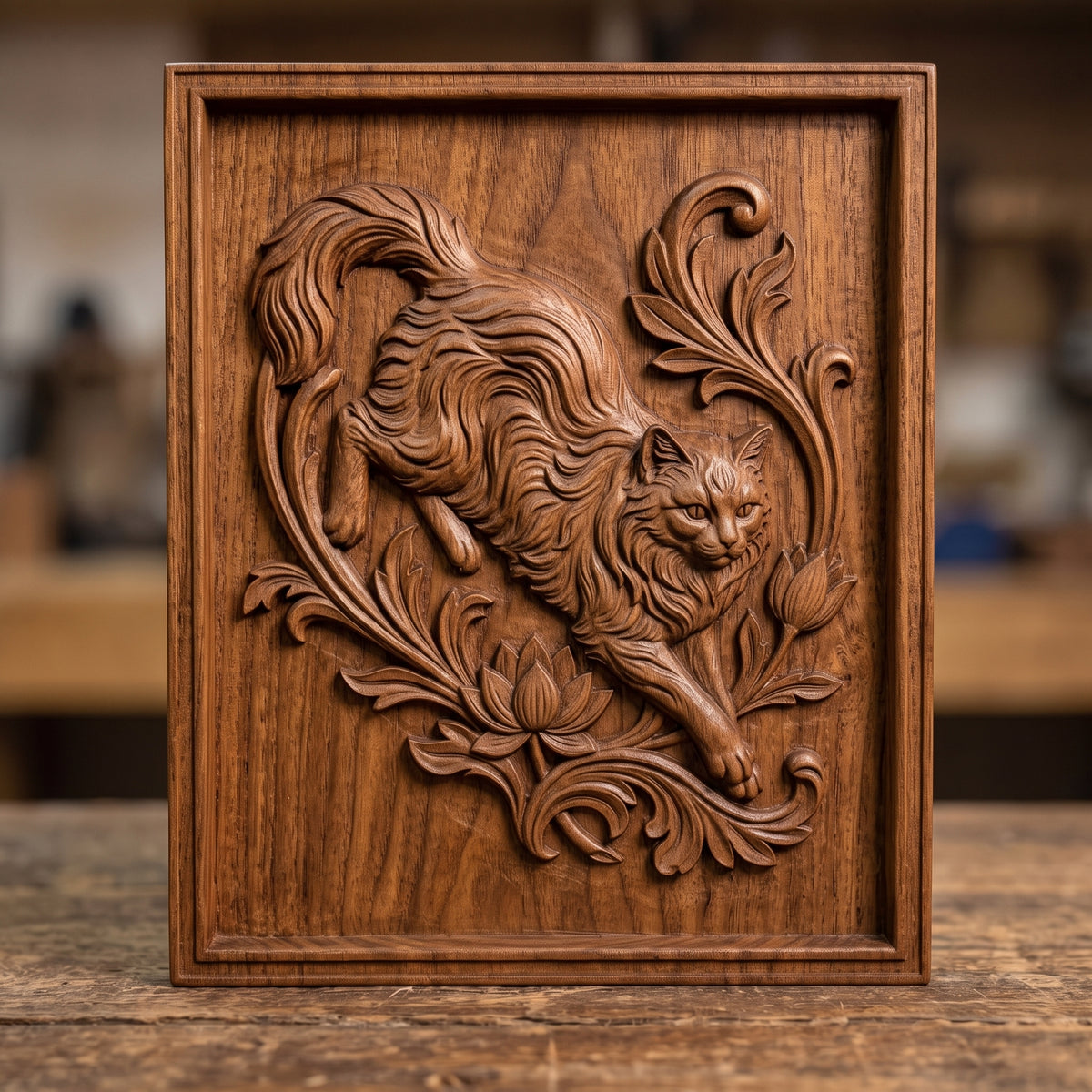 Long-haired cat in a leaping pose with a large curled tail, carved in detailed 3D bas-relief and surrounded by baroque acanthus scrollwork and blooming lotus flowers. The design sits within a raised rectangular frame border, shown here in dark walnut wood and grey resin finishes. Designed for CNC relief carving, wood routing, and 3D printing as wall decor.