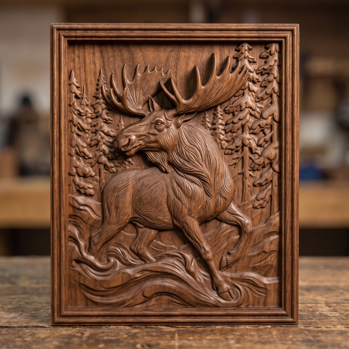 Realistic running moose with huge antlers and one front leg raised, framed by snow-covered pine trees with swirling snow waves below, shown as a portrait rectangular frame relief plaque with a stepped molded border, digital STL model for CNC router carving and 3D printing.