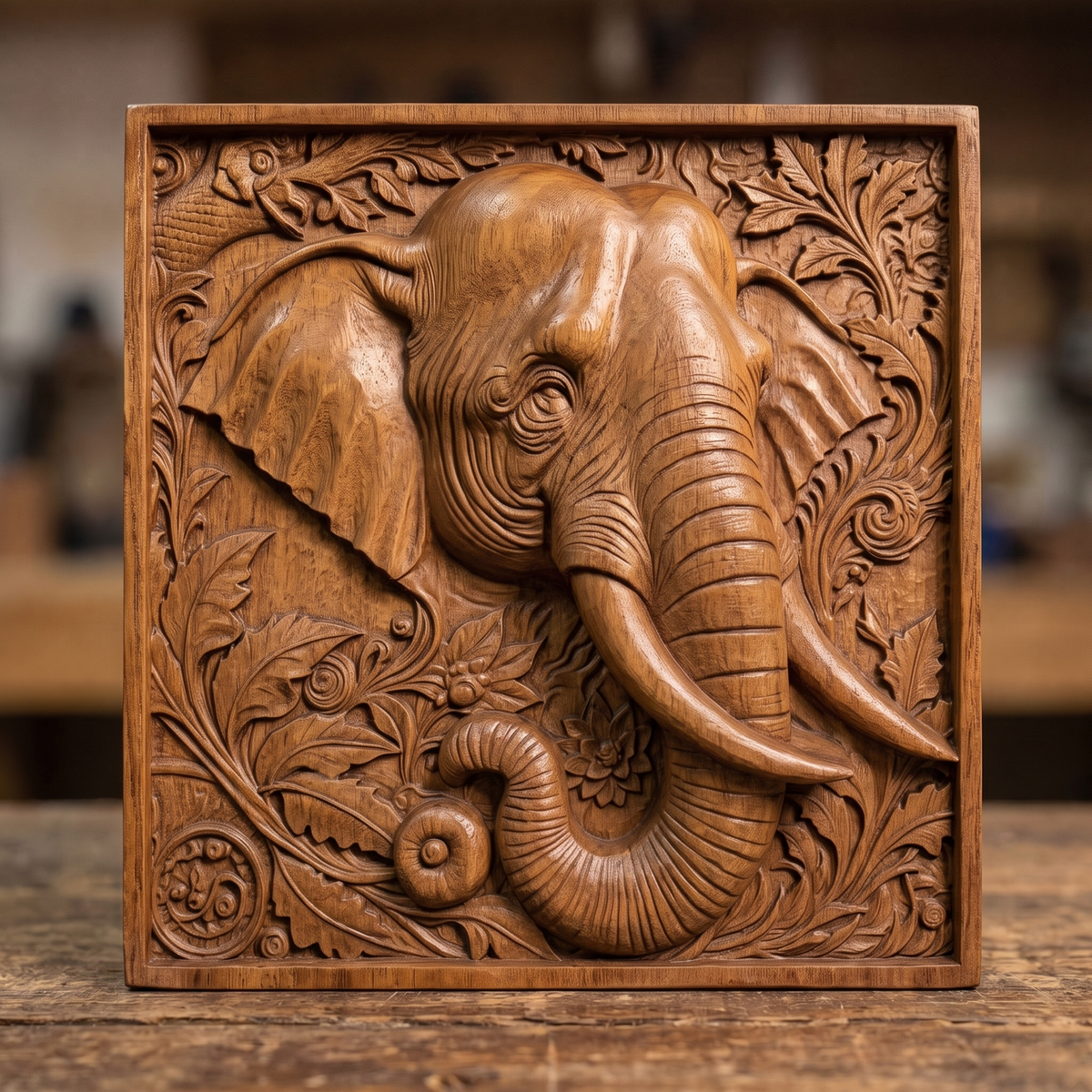 Elephant head carved in dark walnut wood inside a square frame with scrolling leaves, flowers and a curled trunk, shown as a workshop mockup and a grey resin render. Digital STL relief file for CNC routers and 3D printers, ideal for wildlife wall art, panels and woodworking projects.