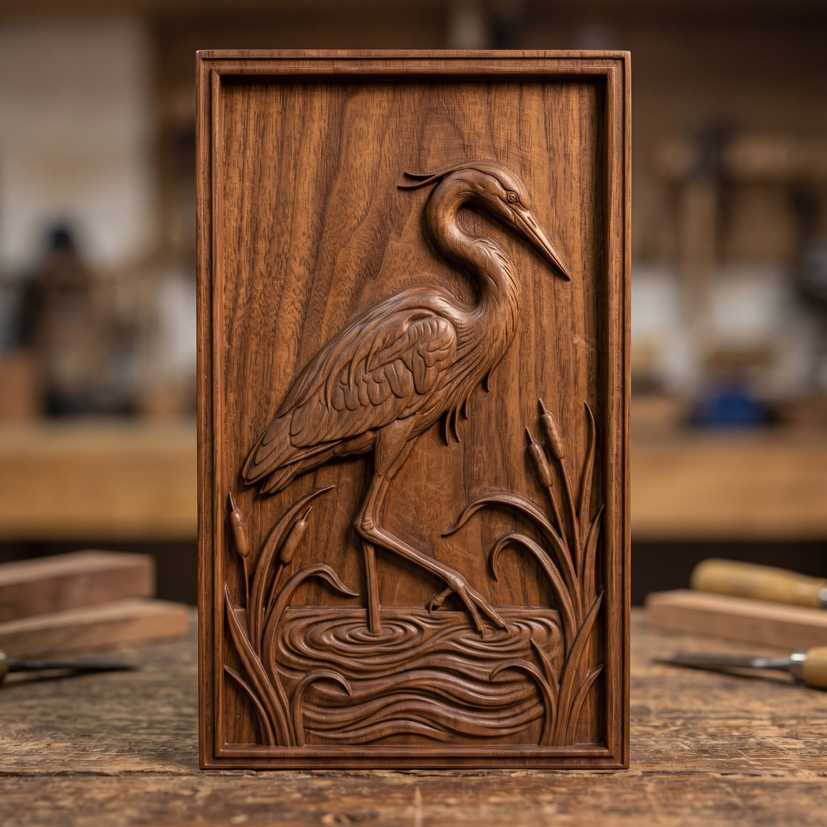 Detailed 3D bas-relief of a great blue heron wading in a marsh, one leg raised above rippling water, feathers and neck carved with fine texture. Tall cattails and reed grasses frame both sides of the bird within a rectangular molded border. Available in walnut wood and grey resin finishes. Designed for CNC relief carving, wood routing, and 3D printing as wildlife wall decor.
