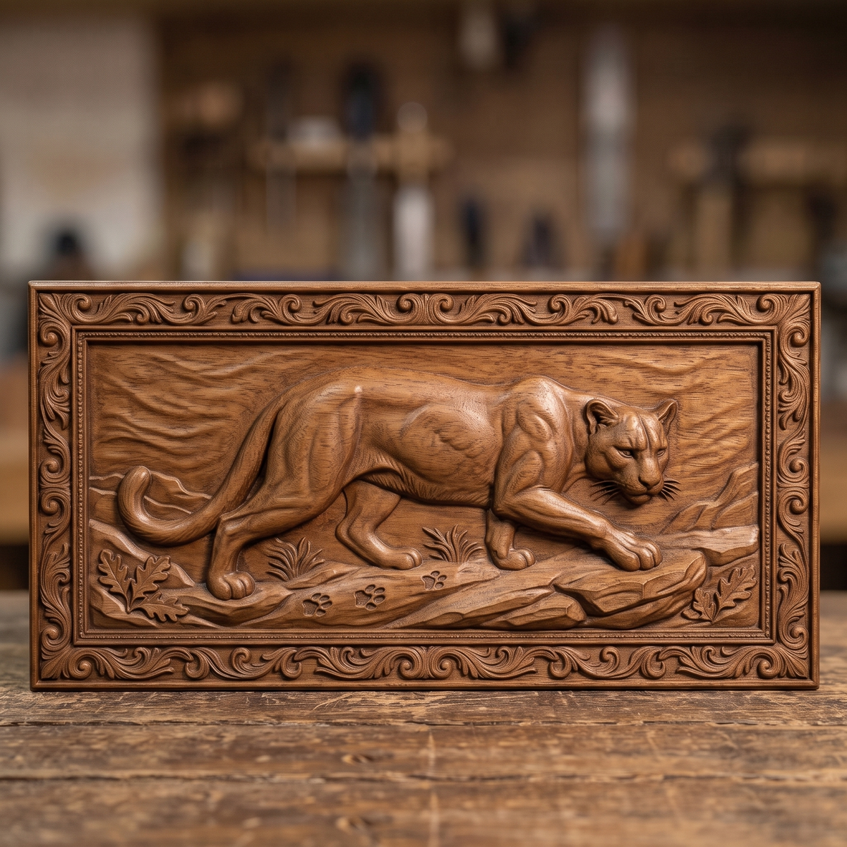 Prowling mountain lion carved in dark walnut wood inside an ornate scrollwork rectangular frame with oak leaves and rocky ledge, shown as a workshop mockup and a grey resin render. Digital STL relief file for CNC routers and 3D printers, ideal for wildlife wall art, panels and woodworking projects.
