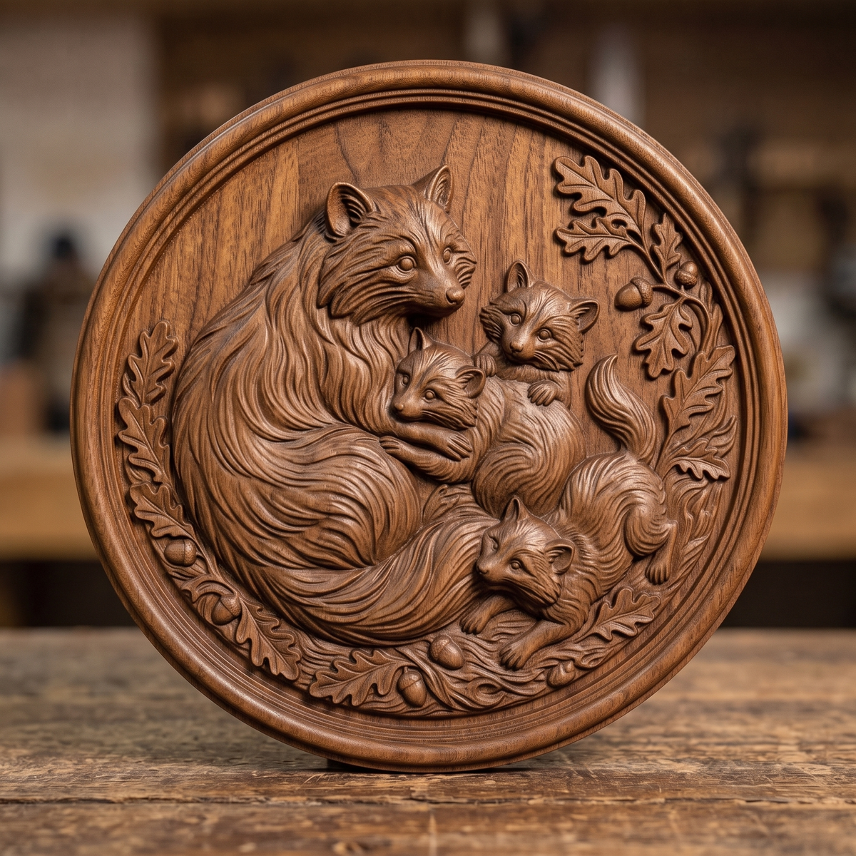 A mama raccoon cradles two kits while a third kit rests nearby, carved in deep 3D bas-relief with fine fur texture and expressive eyes. An oak leaf and acorn wreath wraps the scene, framed within a raised double-ring circular border. Designed for CNC relief carving, wood routing, and 3D printing as rustic wall decor.