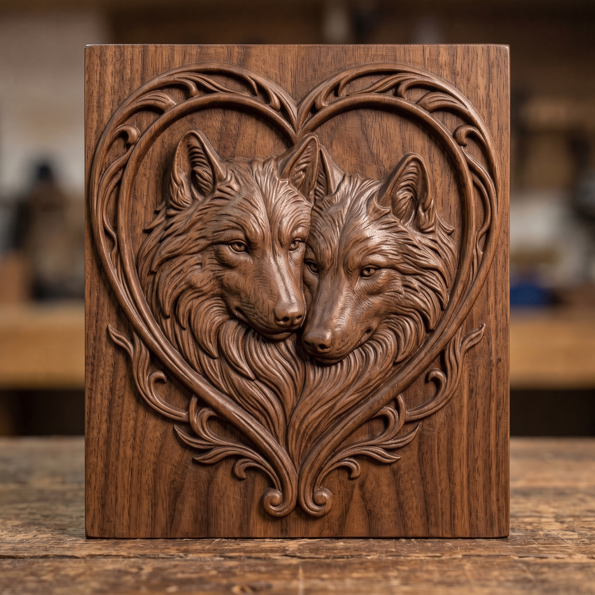 Bas-relief of two wolves nuzzling nose to nose, encircled by ornate heart-shaped scrollwork carved into a rectangular panel with a raised molded border. Rich wood-grain texture and fine fur detail run throughout the piece. Designed for CNC relief carving, wood routing, and 3D printing as rustic wall decor.