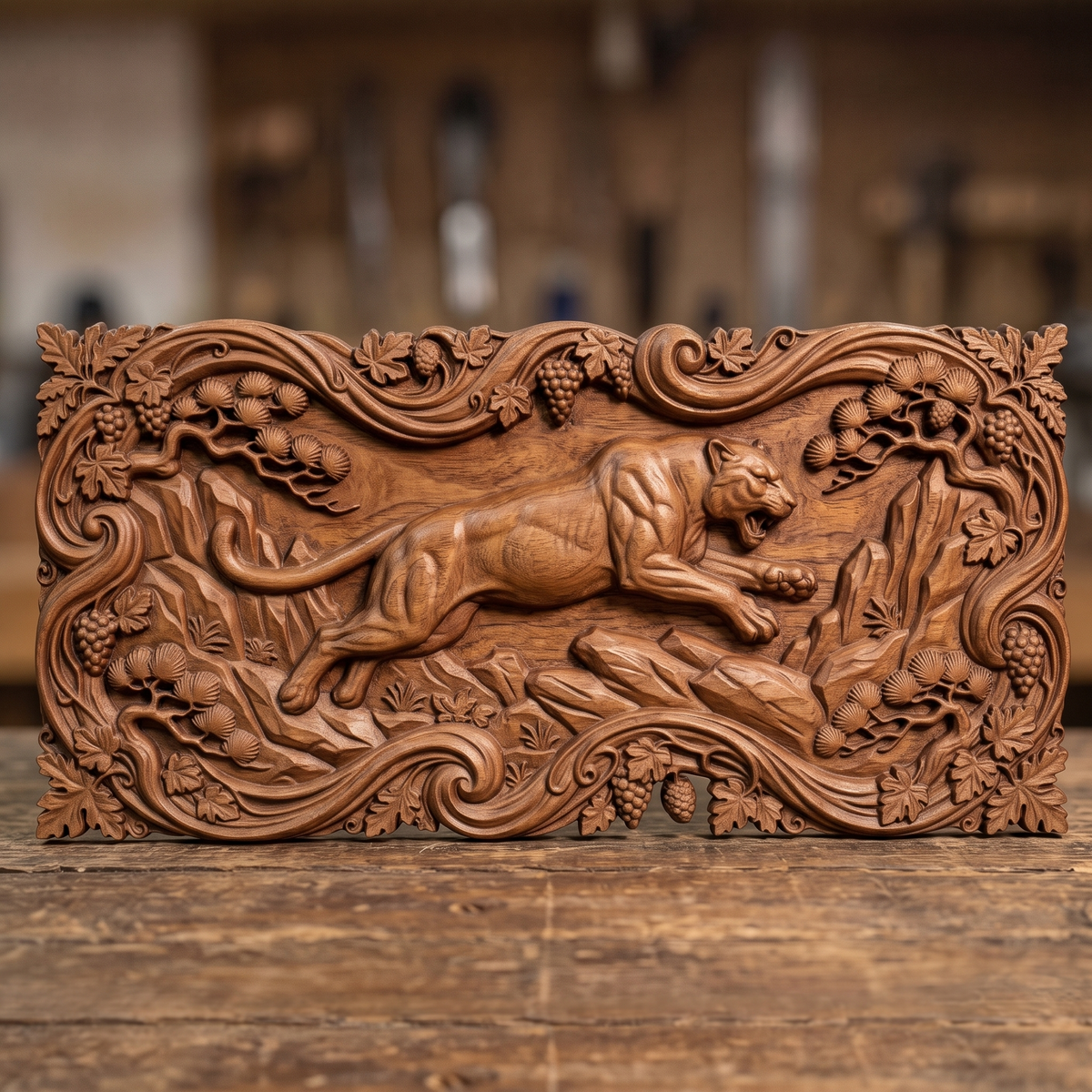 Leaping mountain lion carved in dark walnut wood as a cutout with a scrolling vine, grape and pine branch border and leaf corners, shown as a workshop mockup and a grey resin render. Digital STL relief file for CNC routers and 3D printers, ideal for wildlife wall art, panels and woodworking projects.