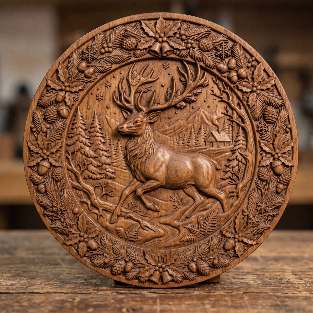 Detailed 3D bas-relief of a leaping stag with large antlers in a snowy pine forest with a log cabin and mountains, set inside a round medallion. The raised border is a wreath of holly leaves, berries, pine branches, cones, acorns, snowflakes and jingle bells. Fine fur and foliage texture. Designed for CNC relief carving, woodworking and 3D printing as Christmas wall decor.