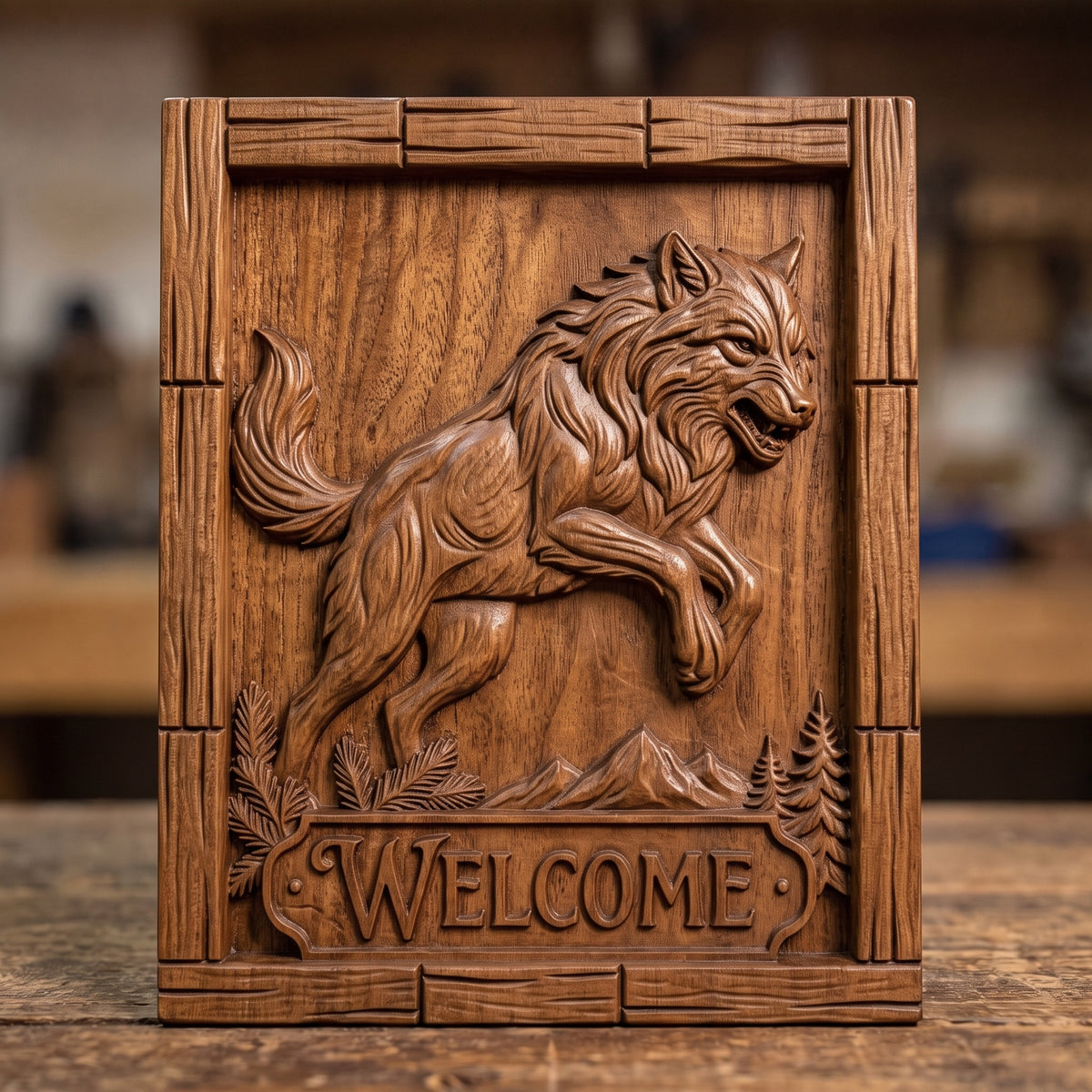 Detailed 3D bas-relief of a snarling gray wolf leaping with front paws raised, fur texture carved in deep relief, with pine branches, mountain peaks and fir trees at the base. A raised WELCOME name plaque sits at the bottom inside a rustic plank wood frame with wood grain. Designed for CNC router carving, wood routing and 3D printing as a welcome sign or cabin wall decor.