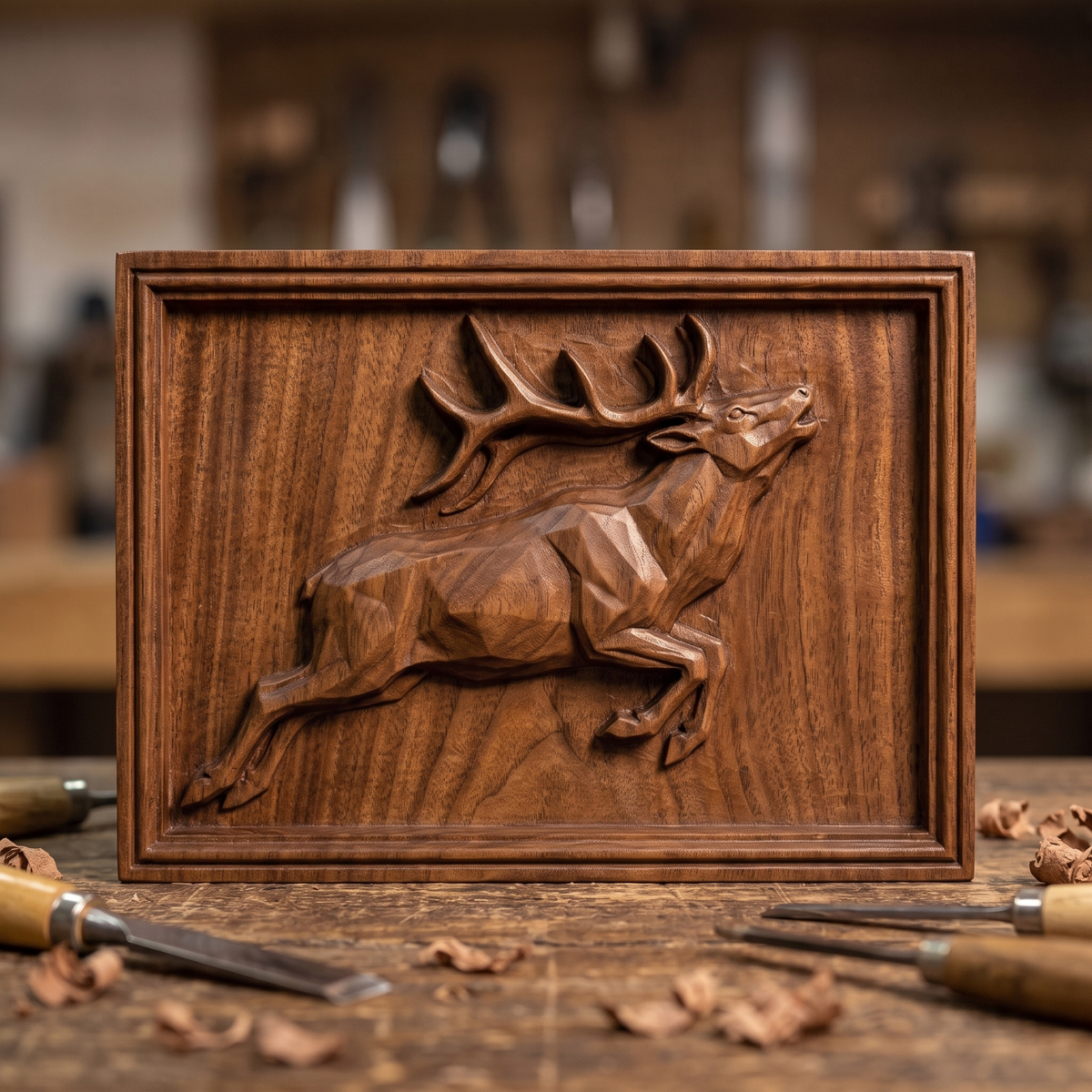 Detailed 3D bas-relief of a low poly geometric bull elk leaping with head raised and large antlers, faceted angular body and raised hooves, set inside a stepped molded rectangular frame. Shown in carved walnut wood and grey resin. Designed for CNC relief carving, woodworking and 3D printing as modern geometric wildlife wall decor.