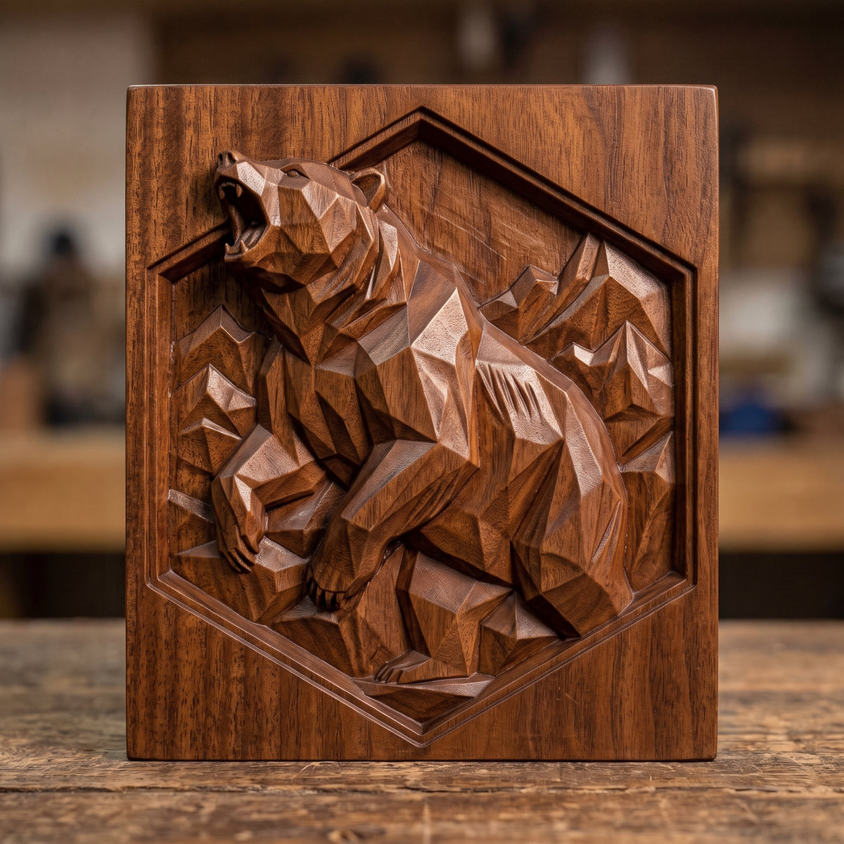 Geometric low poly 3D bas-relief of a roaring bear rearing up with raised front paws, faceted fur and angular mountain peaks. Set inside a recessed hexagon panel on a flat square slab. Shown in carved walnut wood and grey resin. Designed for CNC relief carving, woodworking and 3D printing as modern wildlife and cabin wall decor.