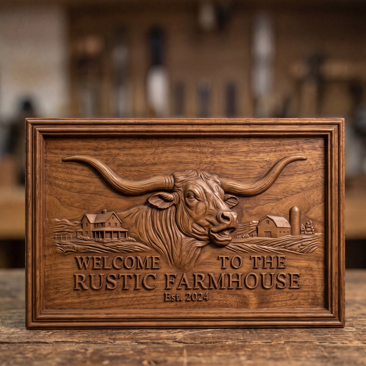 Detailed 3D bas-relief of a Texas longhorn bull with wide curved horns, set in a farmhouse and barn landscape with rolling fields and a silo. Raised lettering reads Welcome to the Rustic Farmhouse Est. 2024 below the bull, all inside a stepped molded rectangular frame. Fine hair, horn and wood-ready surface detail. Made for CNC router carving, woodworking, 3D printing and rustic western wall decor.