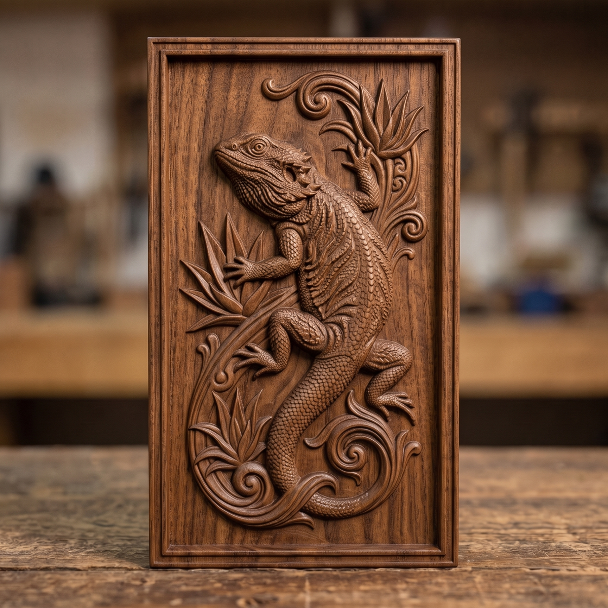 Detailed 3D bas-relief of a bearded dragon in a climbing pose, with spiky dorsal frill and beard scales, textured body scales, and one leg reaching onto a bird of paradise leaf. Tropical leaf motifs and a curling tail scrollwork fill the design, framed by a raised rectangular border. Carved texture with fine surface detail throughout. Designed for CNC relief carving, wood routing, resin casting, and 3D printing as wall decor.