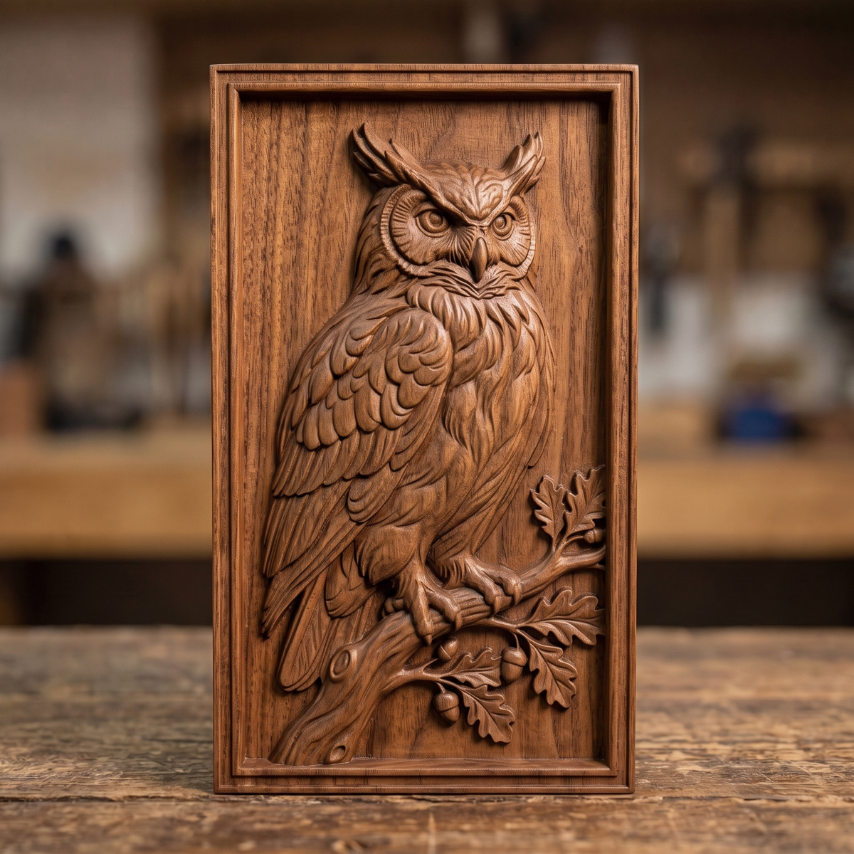 Detailed 3D bas-relief of a great horned owl perched on an oak branch, wings folded, large forward-facing eyes, surrounded by acorns and oak leaves. Carved in rich walnut wood grain with fine feather texture, set within a raised rectangular frame border. Designed for CNC relief carving, wood routing, resin casting, and 3D printing as wall decor.