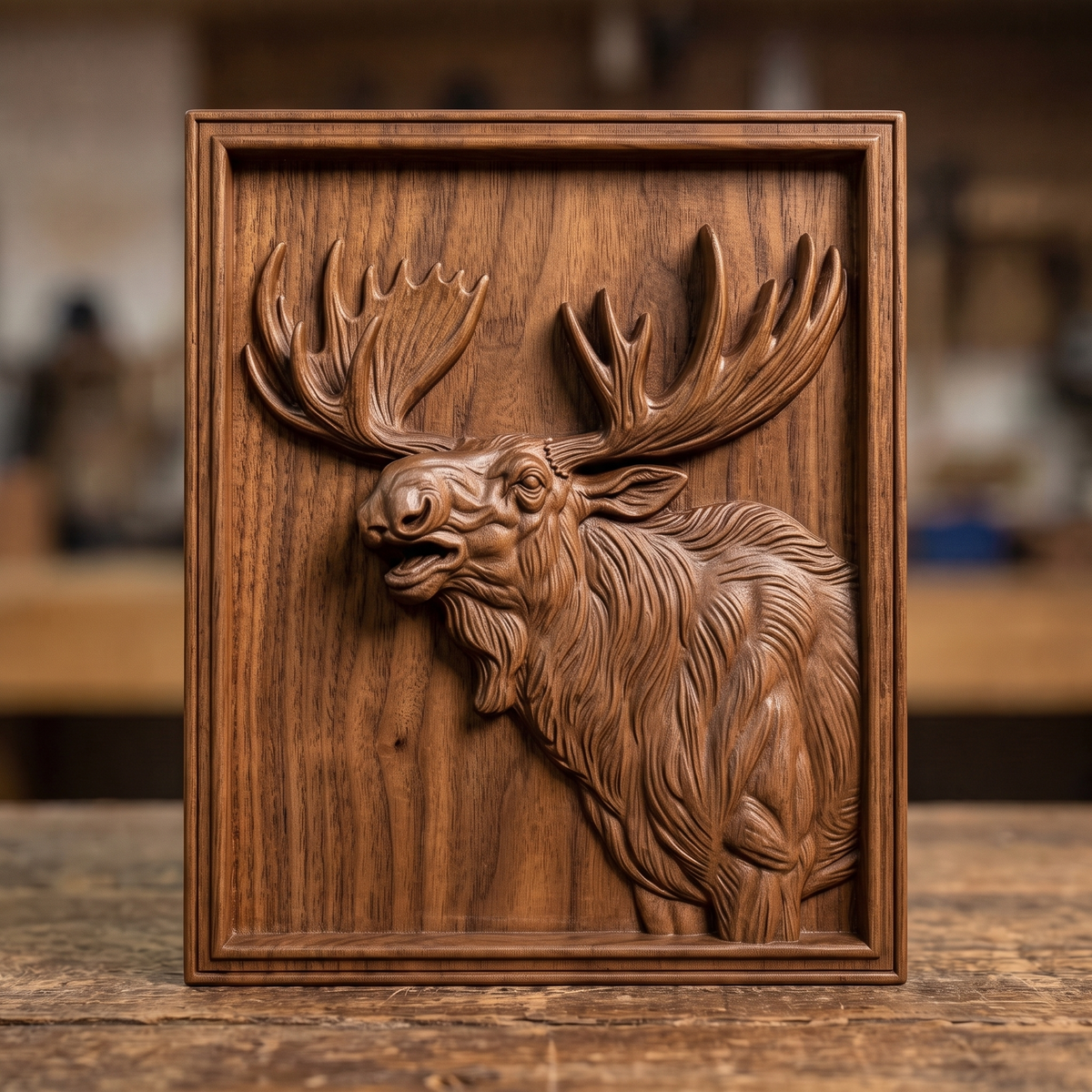 High-relief 3D bas-relief of a bellowing bull moose bust with wide palmate antlers and a shaggy mane, set in a stepped rectangular frame. Fine fur, muscle and antler detail rising from a smooth recessed background. Designed for CNC relief carving, wood routing and 3D printing as rustic wildlife wall decor for a cabin, lodge or hunting den.
