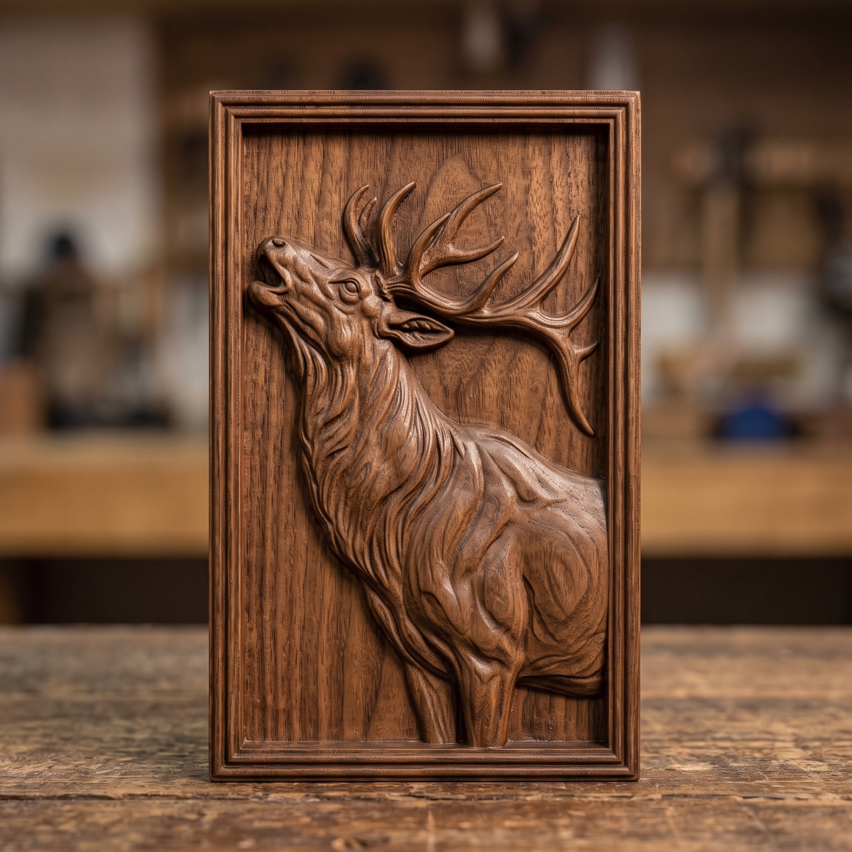 Detailed 3D bas-relief of a bull elk in side profile with head raised, large branching antlers, flowing mane and fine fur texture. Set in a rectangular panel with a stepped molded frame, shown in carved walnut wood. Designed for CNC relief carving, woodworking and 3D printing as rustic wildlife wall decor.