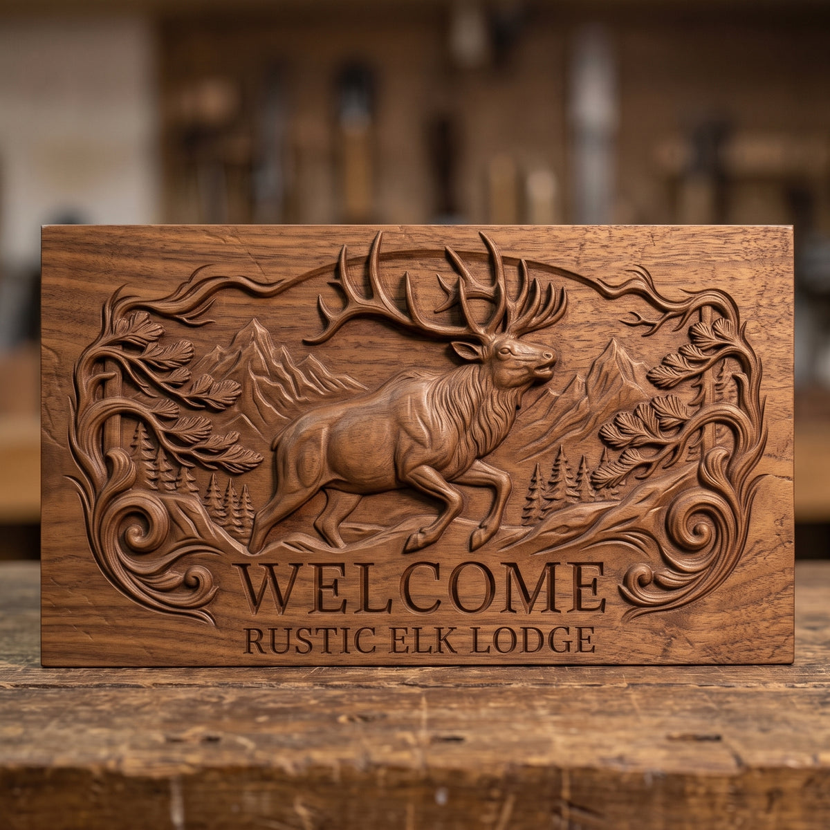 Detailed 3D bas-relief of a bugling bull elk leaping before snowy mountain peaks and pine forest, framed by carved pine branches and scrollwork, with raised WELCOME and RUSTIC ELK LODGE lettering. Shown on a flat rectangular slab in carved walnut wood. Designed for CNC relief carving, woodworking and 3D printing as a rustic lodge entry sign.