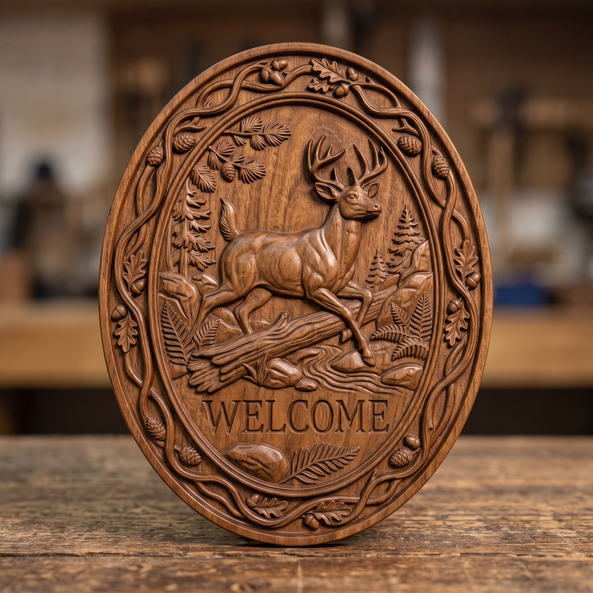 3D bas-relief welcome sign of a leaping buck with a full set of antlers, set in an oval frame with a raised vine border. Oak leaves, acorns, pine cones, ferns, rocks, a fallen log and a stream surround the deer, with carved WELCOME lettering below. Smooth sculpted anatomy and fine leaf detail. Designed for CNC relief carving, woodworking and 3D printing as oval wall decor.