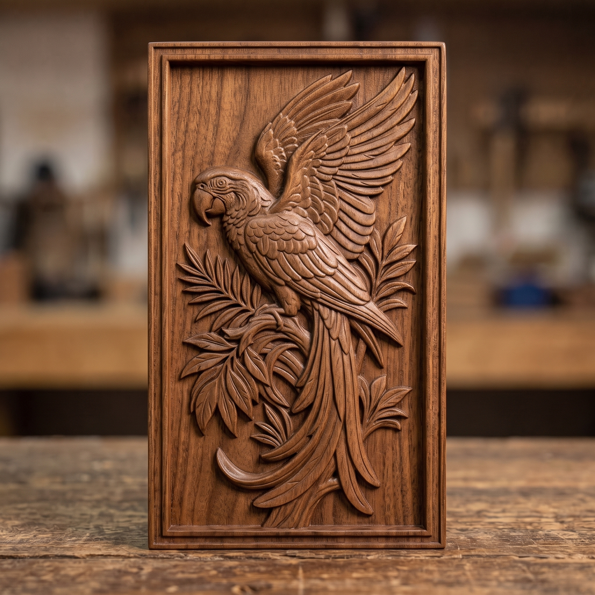 Detailed 3D bas-relief of a macaw parrot perched on a branch, wings fully spread, surrounded by palm fronds and scrollwork leaves. Carved in rich walnut wood grain with fine feather texture, set within a raised rectangular frame border. Designed for CNC relief carving, wood routing, resin casting, and 3D printing as wall decor.