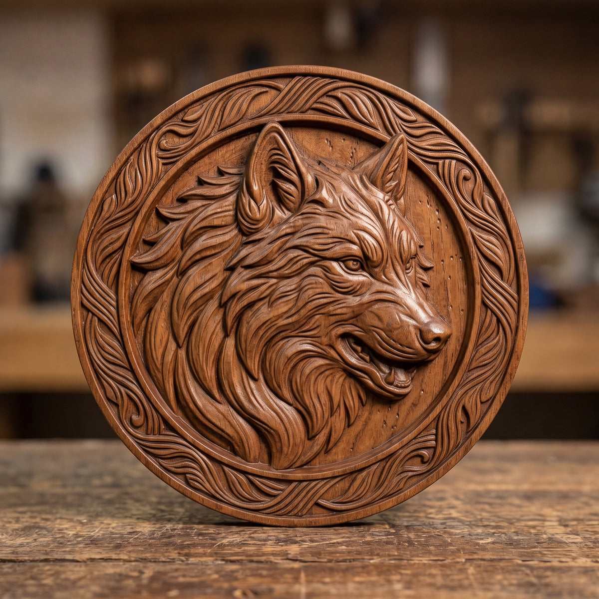Detailed 3D bas-relief of a wolf head in profile with flowing layered fur, pointed ears and an open snarling mouth, set inside a raised round frame with carved leaf and vine scrollwork. Fine fur texture and deep shadows on a circular medallion panel. Made for CNC router carving, woodworking, 3D printing and rustic wolf wall decor.