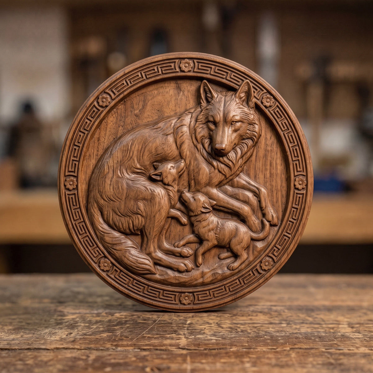 Detailed 3D bas-relief of a mother wolf resting with two playful pups, set inside a round medallion framed by a raised Greek key border and four floral rosettes. Soft fur texture and sculpted paws stand out against a smooth backing panel. Designed for CNC relief carving, wood routing, and 3D printing as nursery or family wall decor.