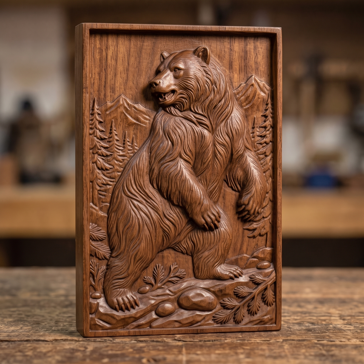 Detailed 3D bas-relief of a standing grizzly bear with thick flowing fur and an open mouth, set against snow-capped mountains and tall pine trees on a rectangular panel with rocks and fern branches at its feet. Shown in carved walnut wood and grey resin. Designed for CNC relief carving, woodworking and 3D printing as rustic cabin wildlife wall decor.