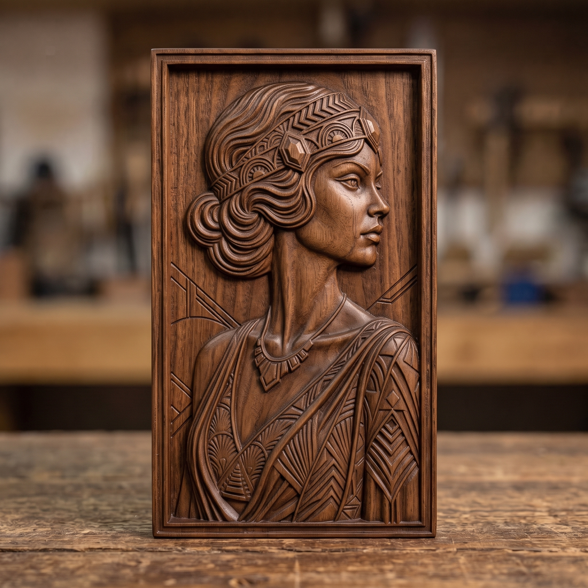 Highly detailed 3D bas-relief of an Art Deco woman in profile, wearing a geometric jeweled headband over finger-waved hair styled into a low bun, an angular necklace, and a dress with chevron and diamond geometric patterns, carved in rich walnut wood. The portrait is set within a raised, molded picture-frame border on a vertical rectangular panel. Fine relief carving captures crisp geometric detail and natural wood grain throughout. Designed for CNC relief carving, wood routing, and 3D printing 