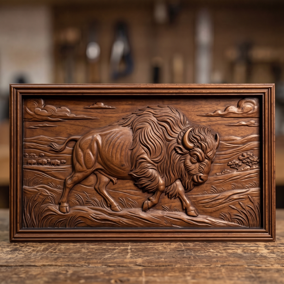 Bison walking across an open prairie with rolling hills, grass, a distant herd, trees and sculpted clouds, carved in high relief inside a wide landscape rectangle frame, digital STL model for CNC router carving and 3D printing.