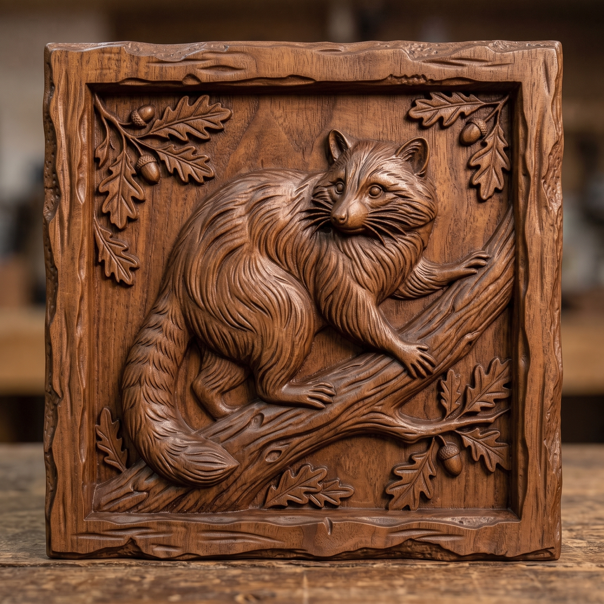 A detailed 3D bas-relief of a raccoon set within a square frame, capturing its facial markings, fur texture, and alert expression in fine raised detail. The design is bordered by a clean square edge, giving it a finished plaque-like presentation. Carved in wood grain texture with natural highlights and shadow depth. Designed for CNC relief carving, wood routing, and 3D printing as wall decor or a nature-themed gift.