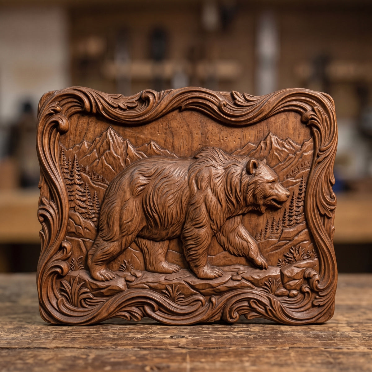 Detailed 3D bas-relief of a walking grizzly bear in side profile with thick shaggy fur, one front paw raised, set in a mountain valley with pine trees, grass tufts and rocks. Framed by an ornate wavy scrollwork border with a flowing irregular edge. Shown in carved walnut wood and grey resin. Designed for CNC relief carving, woodworking and 3D printing as rustic cabin wildlife wall decor.