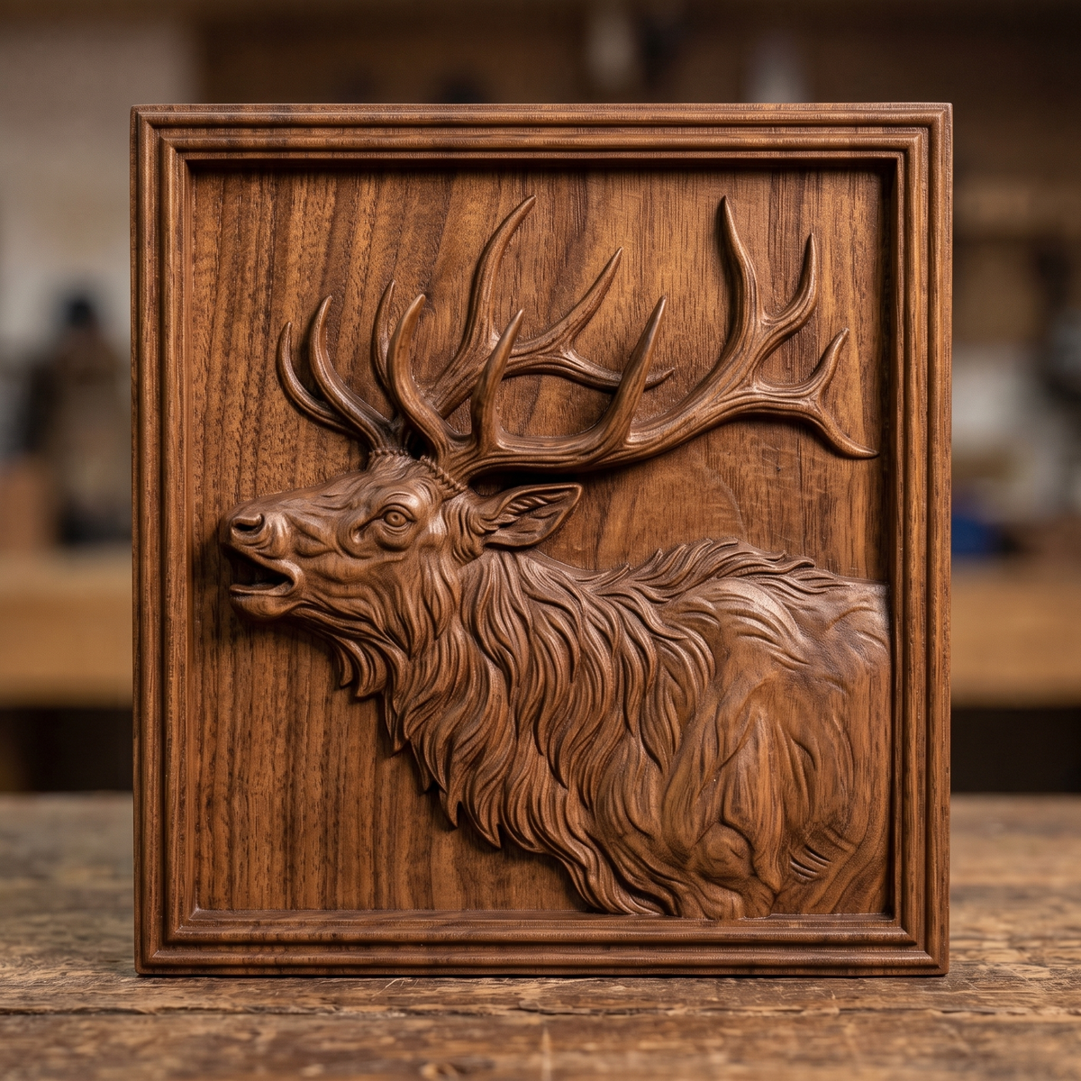 Detailed 3D bas-relief of a bugling bull elk in side profile with open mouth, large branching antlers, shaggy mane and fine fur texture. Set in a square panel with a stepped molded frame, shown in carved walnut wood. Designed for CNC relief carving, woodworking and 3D printing as rustic wildlife wall decor.