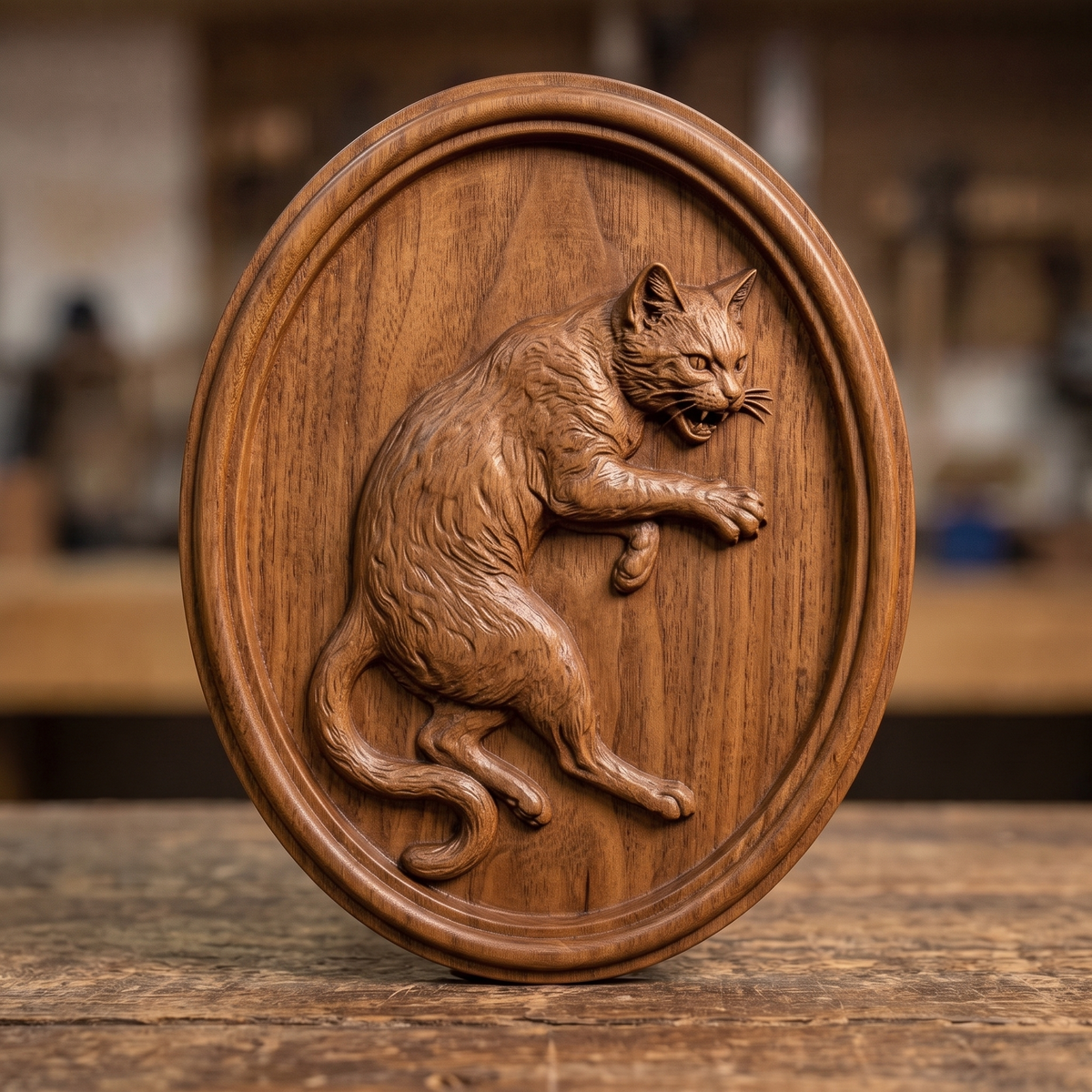 Detailed 3D bas-relief of a snarling cat rearing up inside an oval frame, mouth open showing fangs and one forepaw extended with claws out. Carved fur and rosette coat texture, a long S-curved tail, and a smooth double raised border around a recessed panel. Shown in dark walnut with fine woodgrain detail. Designed for CNC relief carving, wood routing, and 3D printing as animal wall decor.