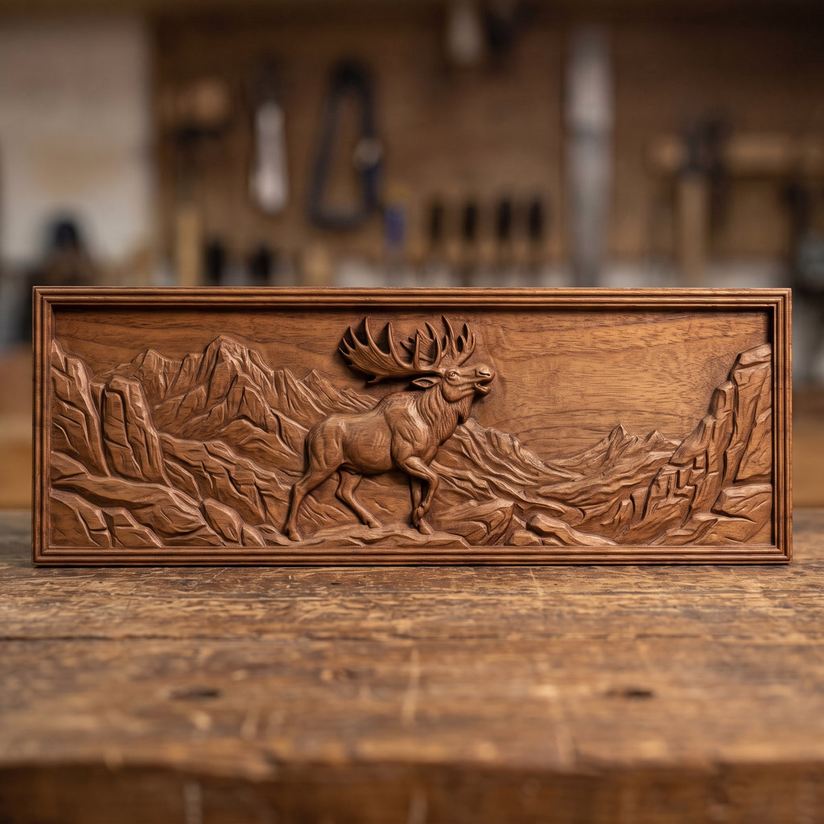 High-relief 3D bas-relief of a bugling moose with large palmate antlers standing on a rocky ledge in a rugged mountain valley with a winding river, set in a wide landscape rectangular plaque with a stepped molded border. Fine fur, rock and peak detail with layered relief. Designed for CNC relief carving, wood routing and 3D printing as rustic wildlife wall decor for a cabin, lodge or hunting den.