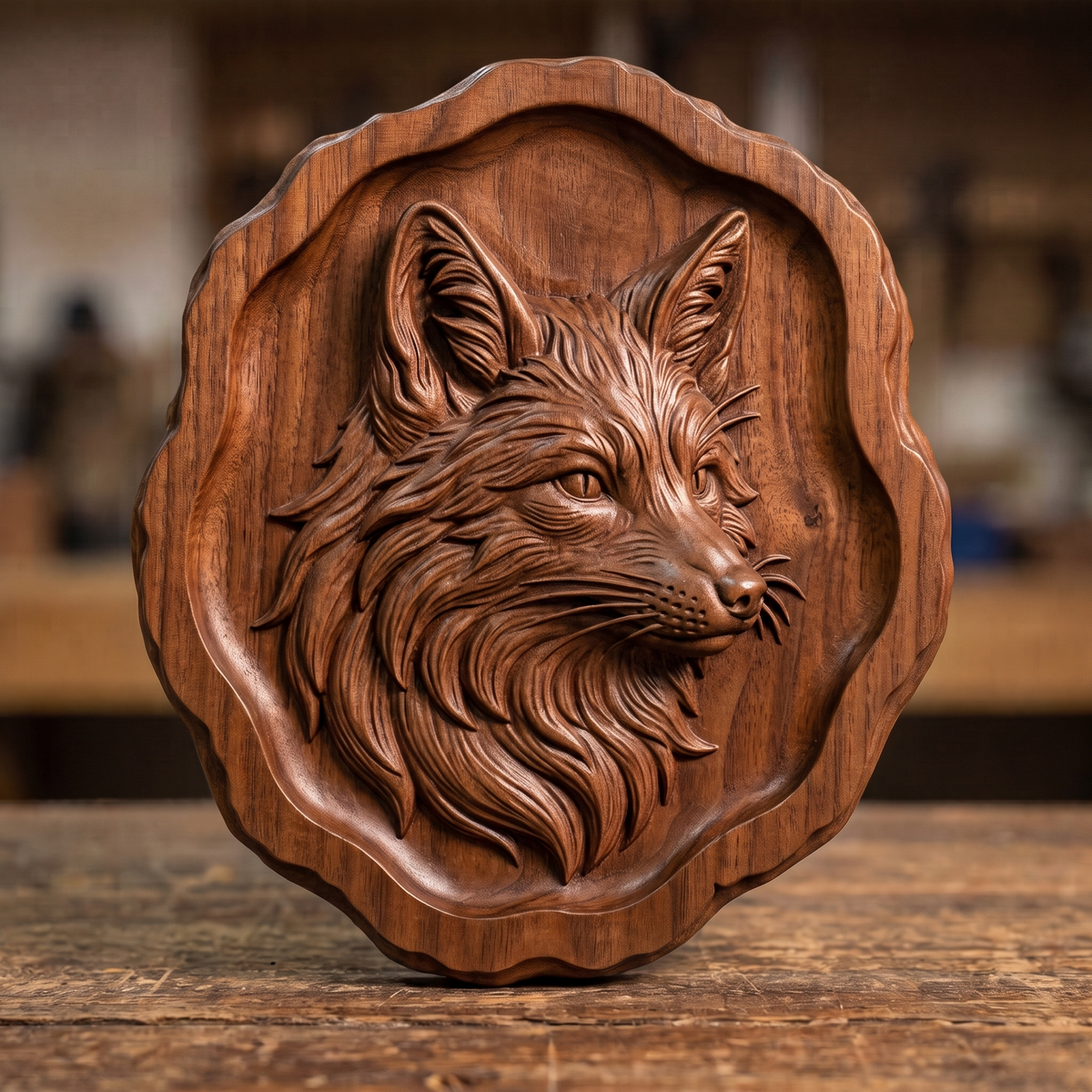 Detailed 3D bas-relief of a fox head in three-quarter profile, ears raised and whiskers fanning from a dotted muzzle, with flowing layered fur carved into a thick ruff. Framed by a live edge wavy border and recessed inner panel on a round wood plaque. Fine strand and woodgrain texture in raised relief. Designed for CNC relief carving, wood routing, and 3D printing as rustic wildlife wall decor.