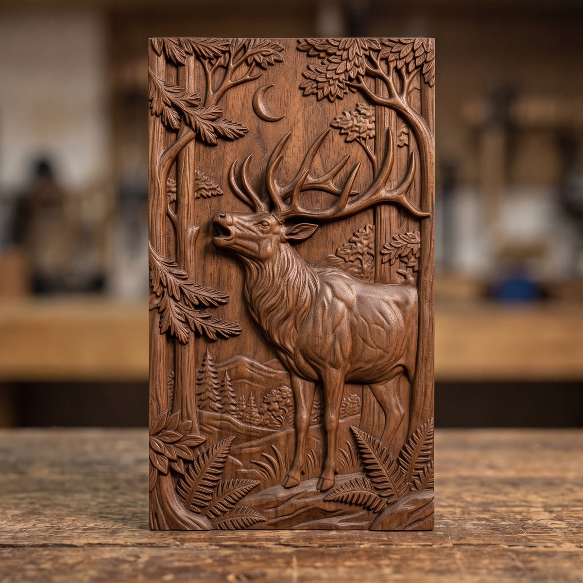 Detailed 3D bas-relief of a bugling bull elk with large antlers standing in a moonlit forest, with a crescent moon, tall pine and leafy trees, ferns, grass and distant mountains. Portrait rectangular panel shown in carved walnut wood. Designed for CNC relief carving, woodworking and 3D printing as rustic wildlife wall decor.