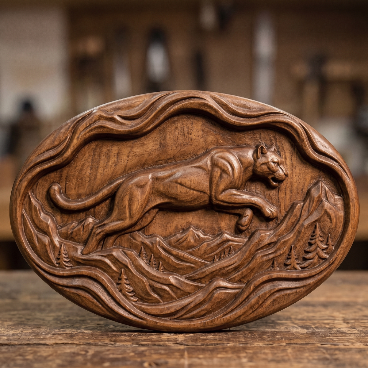 Leaping mountain lion carved in dark walnut wood on an oval wavy slab with flowing mountain ridges and pine trees, shown as a workshop mockup and a grey resin render. Digital STL relief file for CNC routers and 3D printers, ideal for wildlife wall art, panels and woodworking projects.