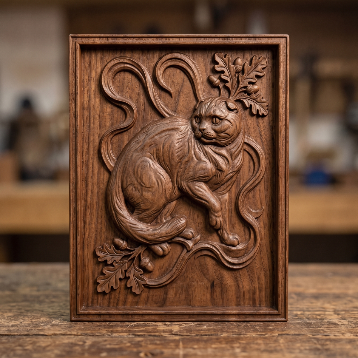 Crouching Scottish Fold cat carved in 3D bas-relief, with an oak leaf and acorn cluster rising behind its head and a curling Art Nouveau vine motif framing the scene. The tail wraps forward beneath a second oak leaf sprig, with fine fur and woodgrain texture throughout. Set within a raised rectangular molded frame. Designed for CNC relief carving, wood routing, resin casting, and 3D printing as wall decor.