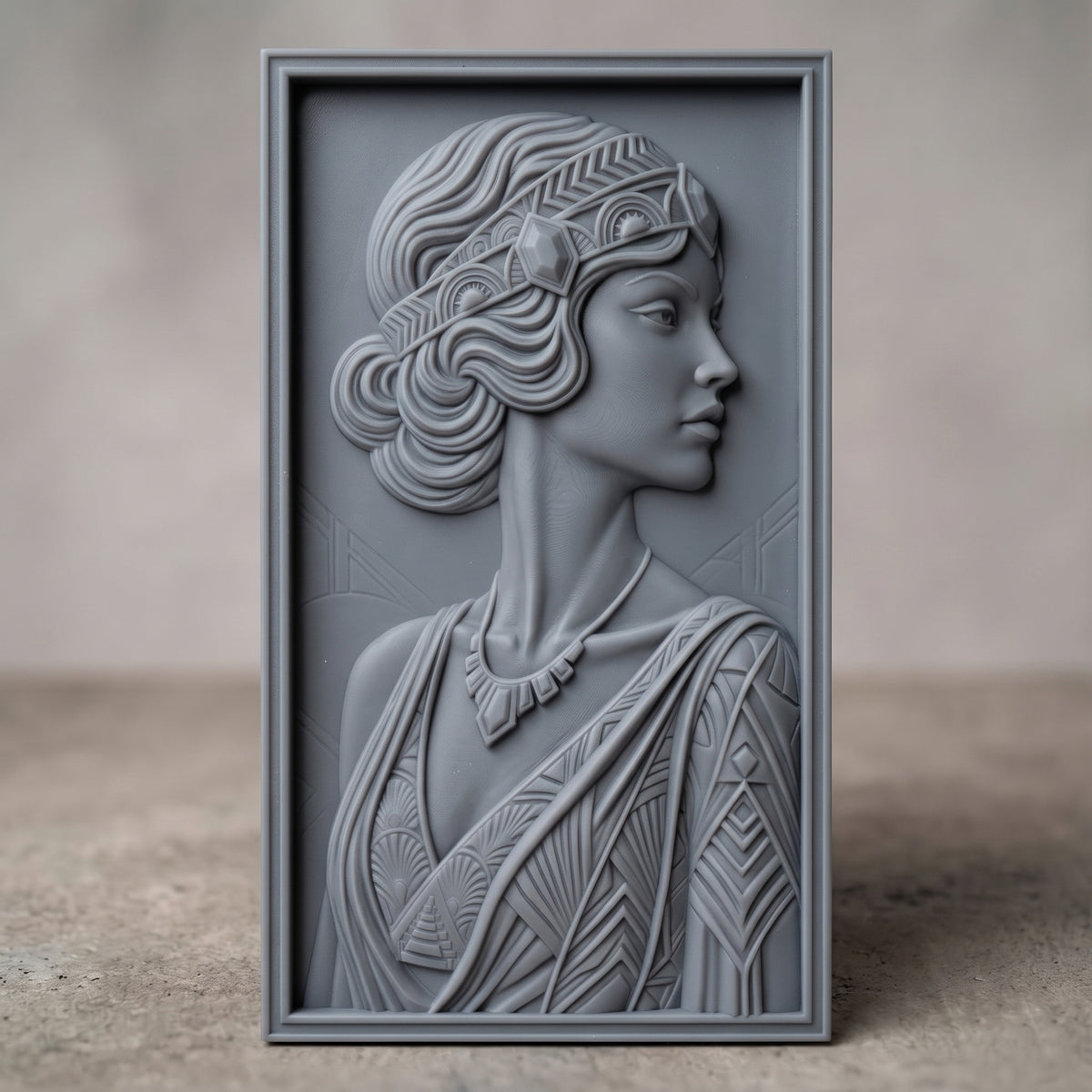 Highly detailed 3D bas-relief of an Art Deco woman in profile, wearing a geometric jeweled headband over finger-waved hair styled into a low bun, an angular necklace, and a dress with chevron and diamond geometric patterns, carved in rich walnut wood. The portrait is set within a raised, molded picture-frame border on a vertical rectangular panel. Fine relief carving captures crisp geometric detail and natural wood grain throughout. Designed for CNC relief carving, wood routing, and 3D printing 