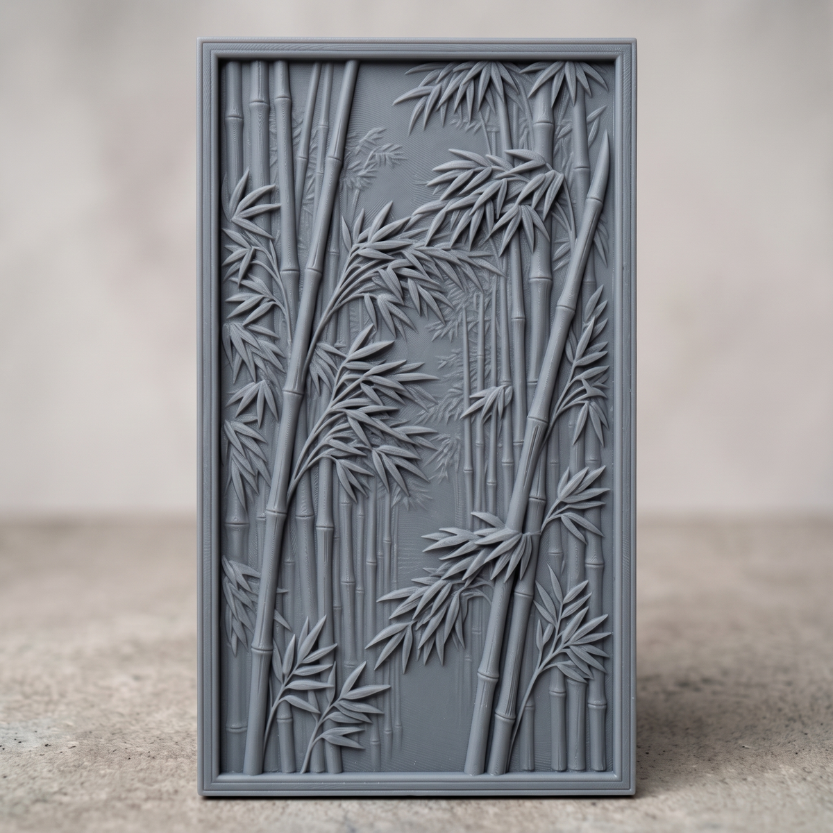 Highly detailed 3D bas-relief of a dense bamboo grove, with tall jointed stalks and layered leaf clusters receding into a misty forest path, framed by a raised molded border. Fine relief carving captures individual leaf veins, stalk nodes, and natural wood grain throughout the panel. Designed for CNC relief carving, wood routing, and 3D printing as zen garden, Asian-inspired, or botanical wall decor.