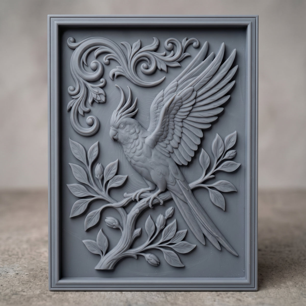 Highly detailed 3D bas-relief of a crested cockatoo with one wing raised and spread, perched on a flowering branch with budding leaves and long tail feathers trailing below, set against ornate scrollwork carved in rich walnut wood. The scene is framed by a raised, molded picture-frame border on a vertical rectangular panel. Fine relief carving captures individual feathers, leaf veins, and natural wood grain throughout. Designed for CNC relief carving, wood routing, and 3D printing as bird lover,