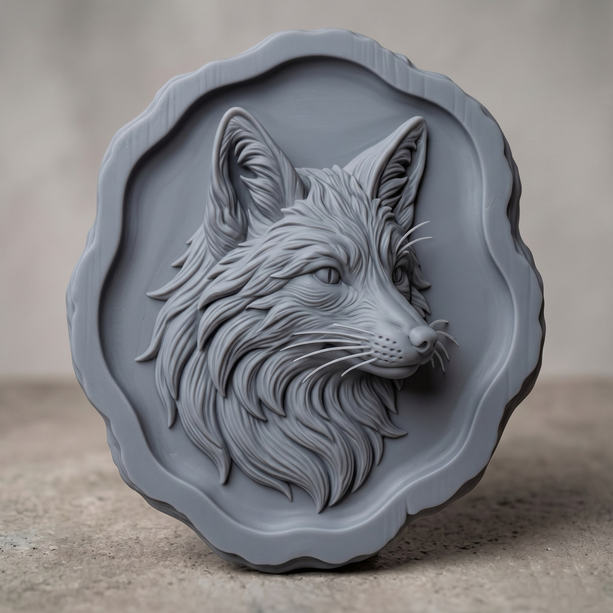 Detailed 3D bas-relief of a fox head in three-quarter profile, ears raised and whiskers fanning from a dotted muzzle, with flowing layered fur carved into a thick ruff. Framed by a live edge wavy border and recessed inner panel on a round wood plaque. Fine strand and woodgrain texture in raised relief. Designed for CNC relief carving, wood routing, and 3D printing as rustic wildlife wall decor.