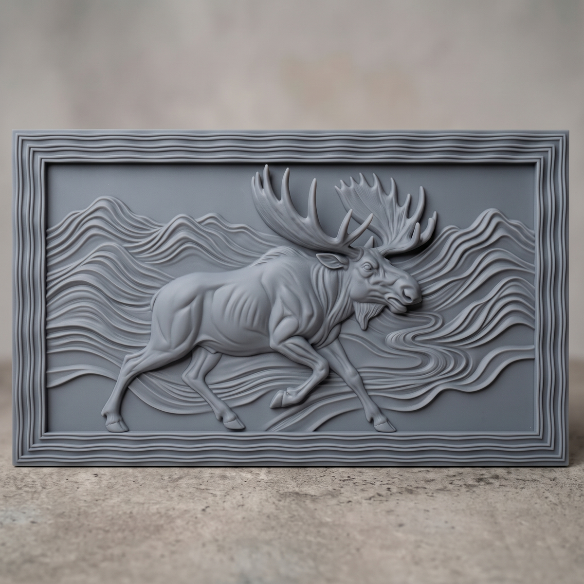 High-relief 3D bas-relief of a running moose with huge antlers striding through flowing wave-pattern mountains beside a winding river, set in a wide landscape rectangular plaque with a wavy stepped molded border. Fine fur, muscle and layered ridge detail. Designed for CNC relief carving, wood routing and 3D printing as rustic wildlife wall decor for a cabin, lodge or den.
