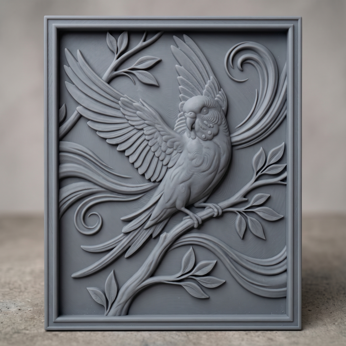 Highly detailed 3D bas-relief of a budgerigar parakeet with wings fully spread and raised, perched on a leafy branch with tail feathers fanned below, set against decorative scrollwork carved in rich walnut wood. The scene is framed by a raised, molded picture-frame border on a vertical rectangular panel. Fine relief carving captures individual feather barbs, leaf veins, and natural wood grain throughout. Designed for CNC relief carving, wood routing, and 3D printing as bird lover, nature-inspire