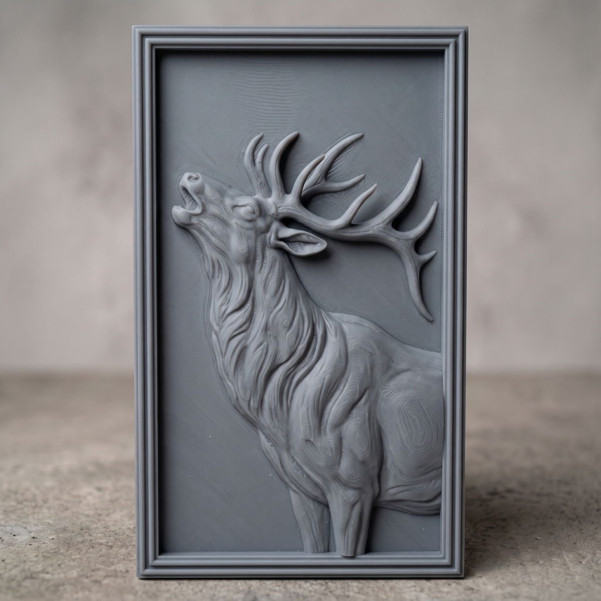 Detailed 3D bas-relief of a bull elk in side profile with head raised, large branching antlers, flowing mane and fine fur texture. Set in a rectangular panel with a stepped molded frame, shown in carved walnut wood. Designed for CNC relief carving, woodworking and 3D printing as rustic wildlife wall decor.