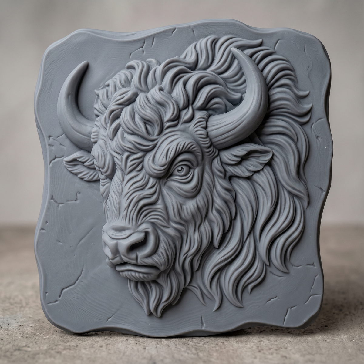 Bison head with long curved horns, shaggy mane and a fierce eye, carved in high relief on an irregular wavy cracked-stone slab, shown as a nearly square slab plaque without a frame, digital STL model for CNC router carving and 3D printing.