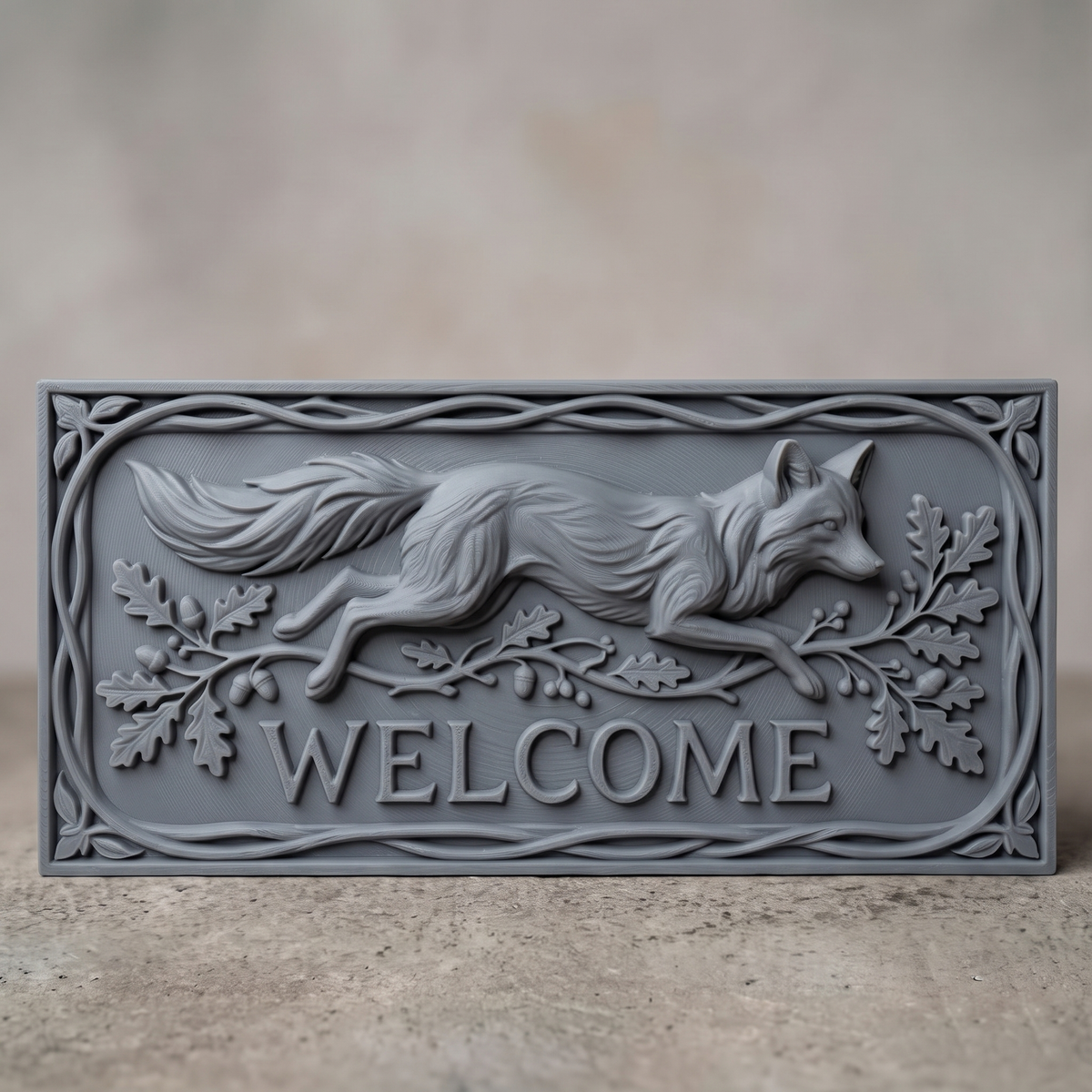 Detailed 3D bas-relief welcome sign showing a red fox leaping to the right with a long bushy tail, set over a flowing branch of oak leaves, acorns and berries. Raised WELCOME lettering sits below, all inside a wide rectangular frame of twisted vines with leaf accents at each corner. Designed for CNC relief carving, wood routing and 3D printing as rustic front door or porch decor.